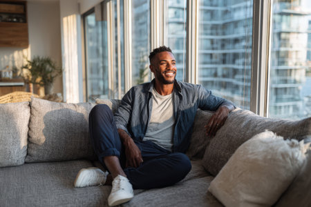 Happy male individual relaxing on a plush sofa, basking in sunlight from expansive windows, surrounded by a modern interior design and a serene ambianceの素材