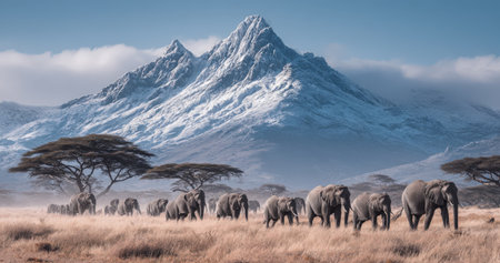 Group of elephants traversing through golden grassland with stunning snow-covered mountains in the background, highlighting the harmony of nature and wildlifeの素材