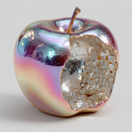 Unique iridescent apple sculpture features a cracked surface, displaying vibrant colors and textures, representing the beauty of imperfection in contemporary artの素材