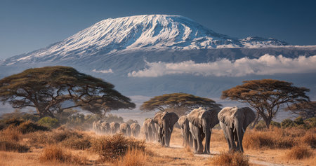 Elephants traverse golden grasslands under a clear sky, surrounded by acacia trees and a stunning snow-capped mountain, illustrating wildlife's natural beautyの素材