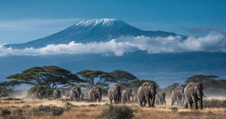 Majestic elephants traverse golden grassland with a snow-capped mountain in the background, highlighting the beauty of wildlife in a serene natural environmentの素材