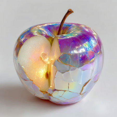 Cracked apple with iridescent surface, glowing interior, and intricate textures, highlighting the contrast between fragility and beauty in natural formsの素材
