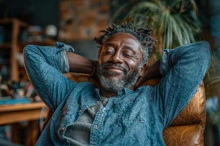 Relaxed African American man with dreadlocks is enjoying leisure time in a cozy armchair, surrounded by lush indoor plants and soft lighting, creating a peaceful atmosphereの素材