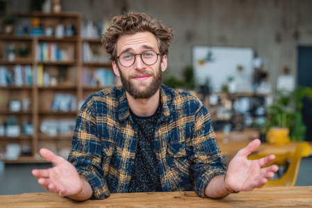 Male individual with glasses is seated at a table, gesturing with open hands, showcasing curiosity and engagement in a contemporary workspace filled with books and plantsの素材