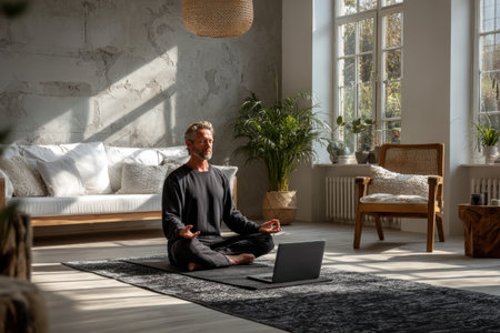 Male individual meditating in a tranquil living space, with sunlight streaming through windows, plants nearby, and a laptop present, promoting a calming environment for mindfulnessの素材