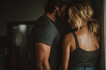 Intimate moment between couple, showcasing their connection and affection, with soft lighting enhancing the warm atmosphere and emphasizing their closeness and emotional bondの素材