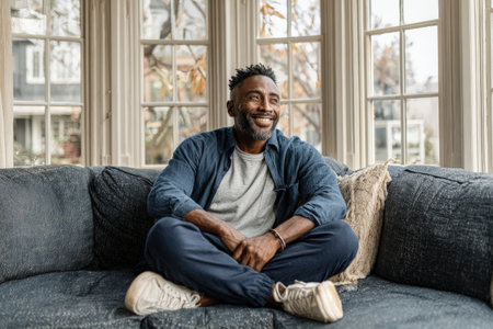 Happy African American man is seated on a plush couch, surrounded by natural light from large windows, creating a welcoming and relaxed environmentの素材