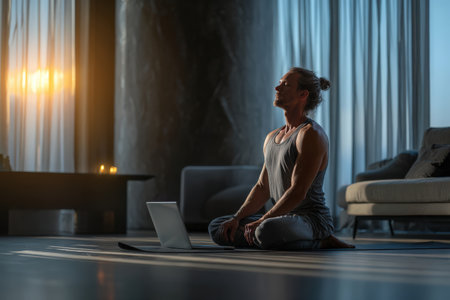 Male individual engaged in meditation on a mat in a calm indoor space, with a laptop beside him, bathed in soft sunlight, creating a peaceful atmosphereの素材