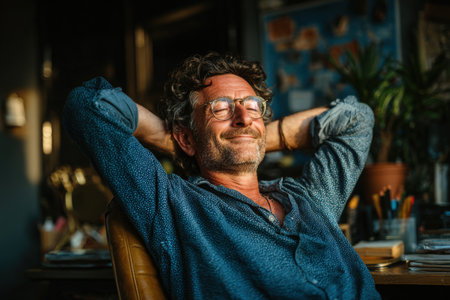 Relaxed middle-aged man with glasses is enjoying a peaceful moment in a cozy workspace, surrounded by plants and creative materials, radiating calm and contentmentの素材