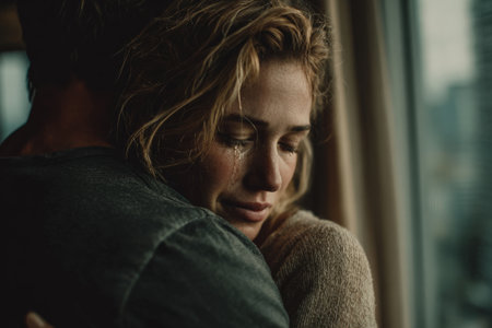 Woman with curly hair is embracing a man, expressing deep emotions in a warm indoor environment, illuminated by soft natural light creating an intimate atmosphereの素材