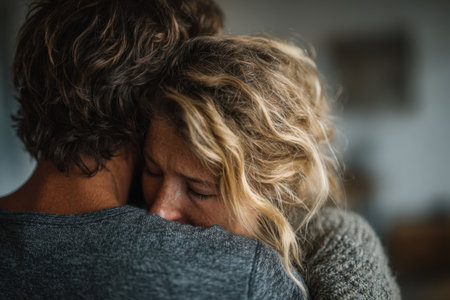 Couple sharing a heartfelt embrace, capturing deep emotions and connection, with soft lighting enhancing the warmth and intimacy of the momentの素材