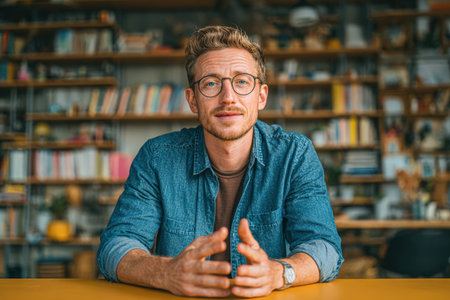 Male individual in denim shirt is seated at a table in a warm workspace, surrounded by books and decor, expressing ideas with hand gestures and enthusiasmの素材