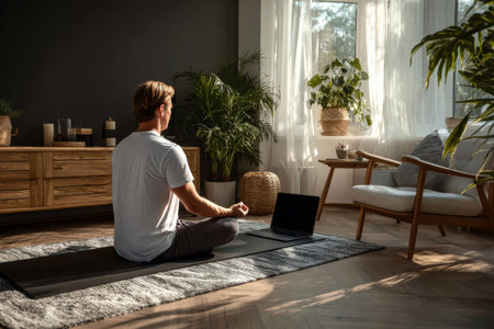 Man engaged in meditation on yoga mat in peaceful indoor space, surrounded by greenery and soft light, fostering a calming atmosphere for mindfulness practiceの素材