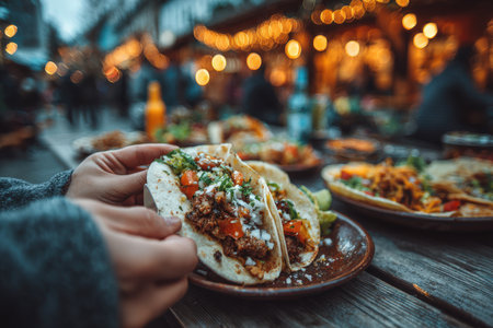 Close-up of hand holding taco filled with fresh ingredients, set in lively outdoor dining environment with warm lights and various dishes in the backgroundの素材