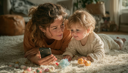 Woman and child are lying on plush carpet, exploring colorful toys together, creating a warm atmosphere of love and connection in a bright, inviting spaceの素材
