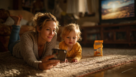 Mother and toddler enjoying time together on carpet, engaging with smartphone, with warm lighting and homey atmosphere, creating a sense of connection and happinessの素材