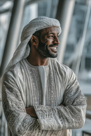 Middle Eastern man in traditional attire stands confidently with arms crossed, smiling against a backdrop of modern architecture, reflecting cultural pride and contemporary styleの素材
