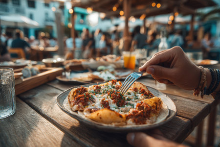 Close-up of a hand holding a fork, poised to enjoy a flavorful dish in a bustling outdoor restaurant, with warm ambiance and lively atmosphereの素材