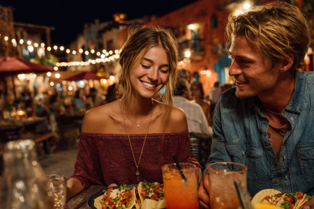 Couple shares a joyful moment at a lively outdoor restaurant, enjoying tacos and drinks, with colorful decorations and warm ambiance creating a romantic atmosphereの素材