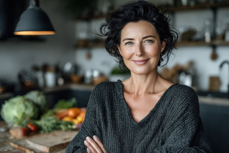 Confident woman with dark curly hair, dressed in a cozy sweater, stands in a rustic kitchen surrounded by fresh vegetables, embodying a healthy lifestyle and culinary enthusiasmの素材