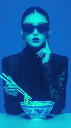 Stylish Asian woman in sunglasses, holding chopsticks over a decorative bowl of noodles, set against a striking blue backdrop, emphasizing contemporary dining and fashion trendsの素材
