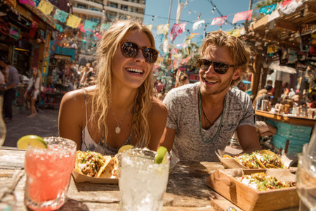 Couple shares a joyful outdoor meal, surrounded by colorful decorations, enjoying tacos and cocktails, creating a lively and festive dining experienceの素材