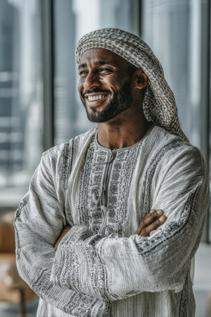 Arab man in traditional clothing stands with arms crossed, smiling confidently, surrounded by modern architecture, reflecting cultural pride and contemporary lifestyleの素材