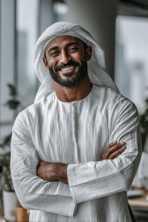 Middle Eastern man in traditional clothing stands with arms crossed, exuding confidence and warmth in a contemporary indoor environment filled with greeneryの素材