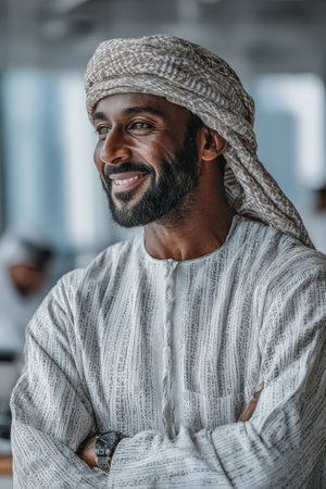 Middle Eastern man in traditional clothing stands with arms crossed, exuding confidence and warmth in a contemporary office setting filled with natural lightの素材