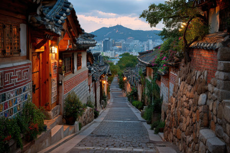 Scenic view of a traditional Korean village street lined with stone walls and wooden houses, adorned with flowers, capturing the essence of cultural heritage and tranquilityの素材