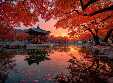 Autumn landscape showcases a traditional pavilion amidst brilliant red maple trees, with reflections in a calm pond, evoking a peaceful and serene atmosphereの素材