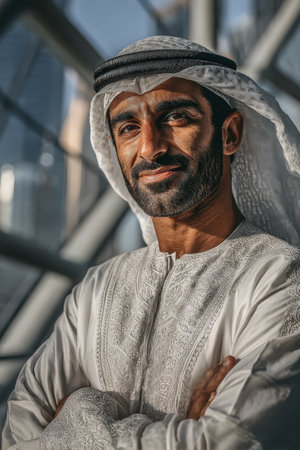 Arab man in traditional clothing stands confidently with arms crossed, featuring detailed embroidery, set against a backdrop of modern architecture, embodying cultural heritageの素材