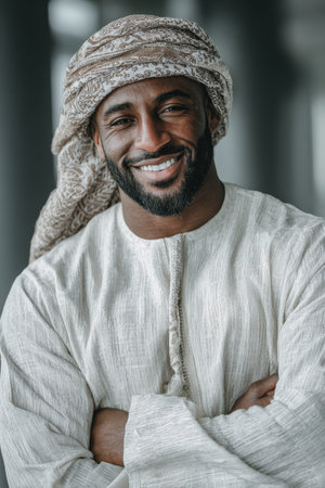 Confident African American man in traditional attire, smiling warmly with arms crossed, exuding cultural pride and positivity in a contemporary settingの素材