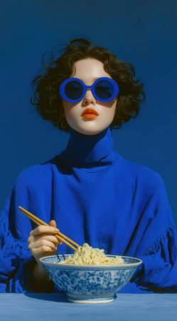 Female enjoying noodles in a blue sweater, with vibrant blue sunglasses, creating a stylish and contemporary dining atmosphere, emphasizing culinary enjoymentの素材