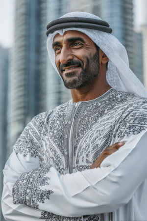 Male in traditional Middle Eastern attire, smiling with arms crossed, set against a modern cityscape, blending cultural heritage with contemporary aestheticsの素材