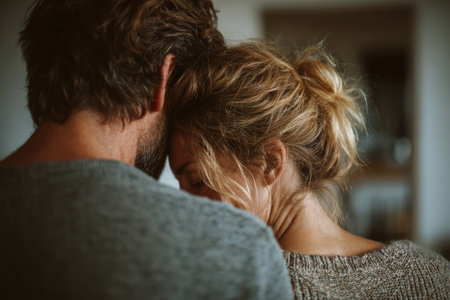 Intimate moment between couple, heads touching softly, creating a sense of warmth and connection in a cozy indoor environment, emphasizing love and togethernessの素材