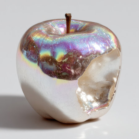 Metallic apple with a bite, reflecting light and colors, set against a simple background, highlighting its unique design and artistic appealの素材