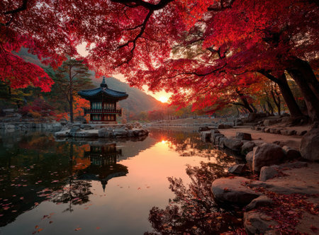Traditional pavilion is nestled among stunning red autumn leaves, mirrored in the still water, evoking a peaceful ambiance perfect for reflection and nature appreciationの素材