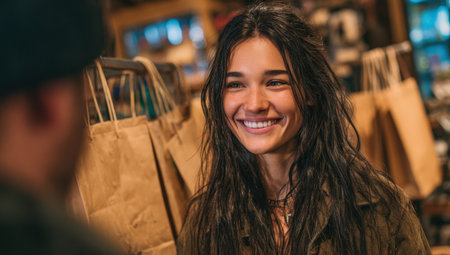 Young woman with long dark hair, smiling and interacting in a cozy shop filled with shopping bags, creating a warm and inviting atmosphere for customersの素材