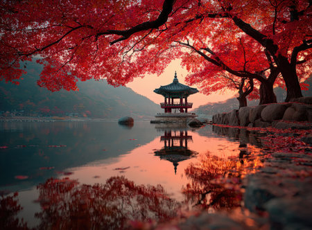Traditional pavilion is framed by brilliant red leaves, mirrored in still water, evoking a peaceful ambiance perfect for nature lovers and photographers seeking inspirationの素材