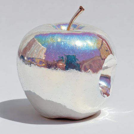 Reflective metallic apple with a bite taken out, displaying vibrant colors and textures, creating a striking visual element that symbolizes modern design and temptationの素材