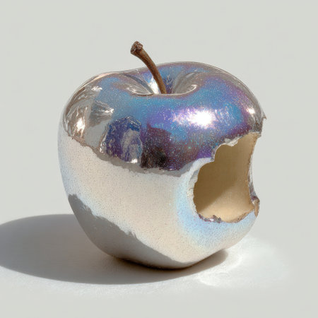 Metallic apple sculpture features a bite taken out, displaying iridescent hues and a smooth texture, representing creativity and contemporary art in a minimalistic environmentの素材