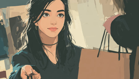 Female customer with dark hair is engaged in a shopping experience, handing over a bag to another person, highlighting a vibrant retail atmosphereの素材