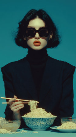 Fashionable female with short black hair, holding chopsticks over a bowl of noodles, surrounded by other bowls, showcasing a contemporary dining experienceの素材