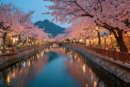 Scenic view of cherry blossoms along a calm river at twilight, with gentle water reflections and a distant mountain, evoking tranquility and natural beautyの素材