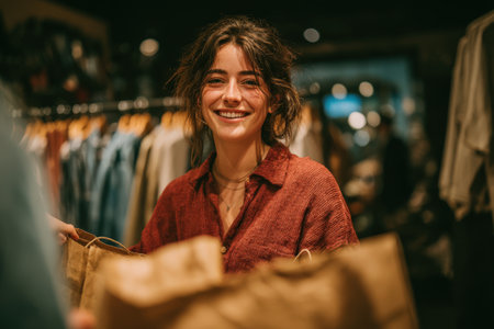 Female shopper with dark hair, happily holding bags in a vibrant clothing store, surrounded by various garments, capturing the essence of retail therapyの素材