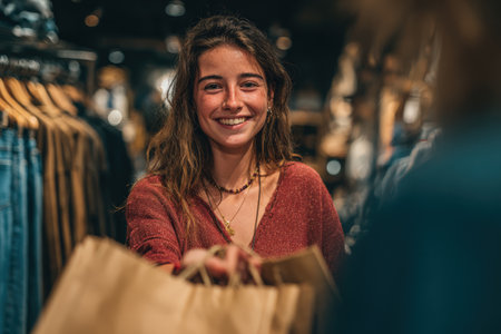 Female shopper with long hair, is smiling and handing shopping bags to a friend in a stylish clothing store, creating a vibrant atmosphere of excitement and friendshipの素材
