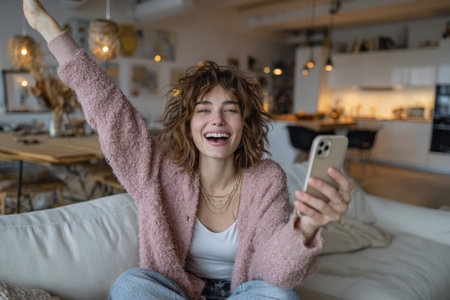 Female with curly hair is happily celebrating in a modern living room, holding smartphone, surrounded by warm lighting and stylish decor, creating a joyful atmosphereの素材