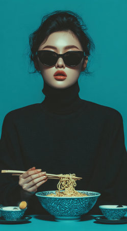Fashionable woman with sunglasses is savoring noodles with chopsticks, surrounded by elegant bowls, creating a striking visual of contemporary dining and styleの素材