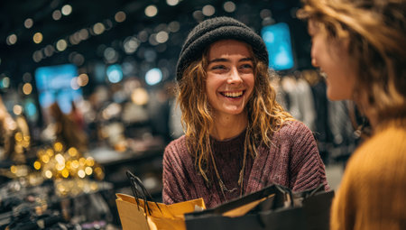 Happy young woman with curly hair enjoys shopping with friend in a lively retail store, surrounded by colorful clothing and bright lights creating a cheerful atmosphereの素材